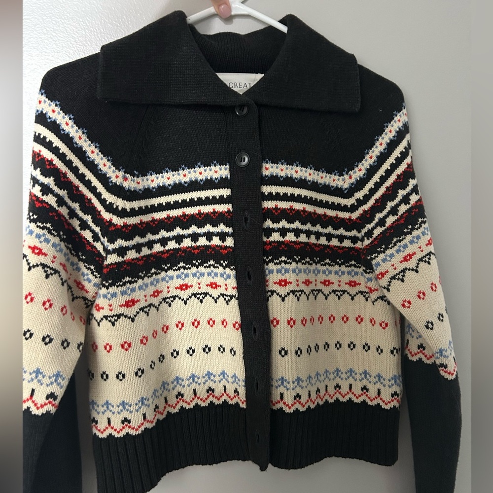 THE GREAT. Knit Button-Up Cardigan with Patterned Trim